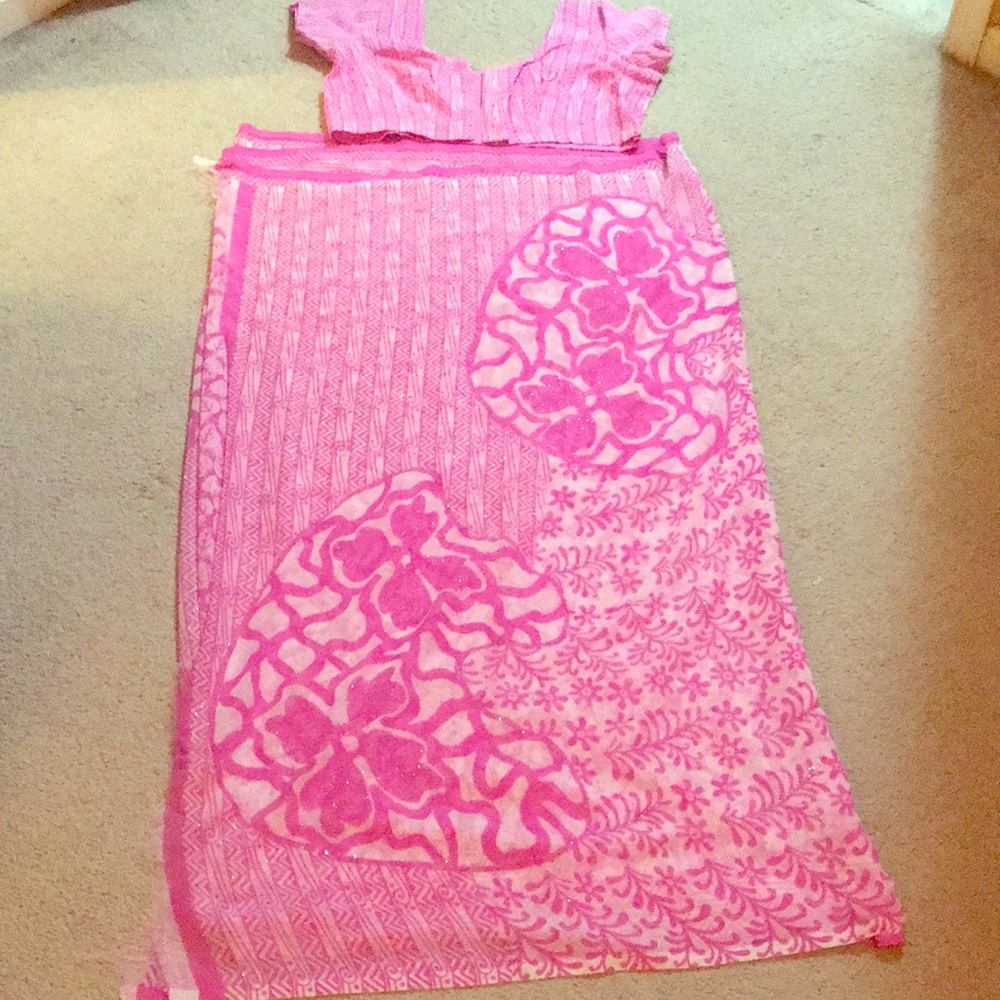Pink georgette saree with stitched blouse size 38